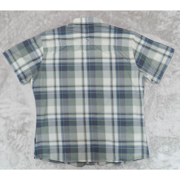 Kuhl Elixir Tapered Fit Short Sleeve Button Up Blue Green Plaid Shirt Mens L - Picture 2 of 16